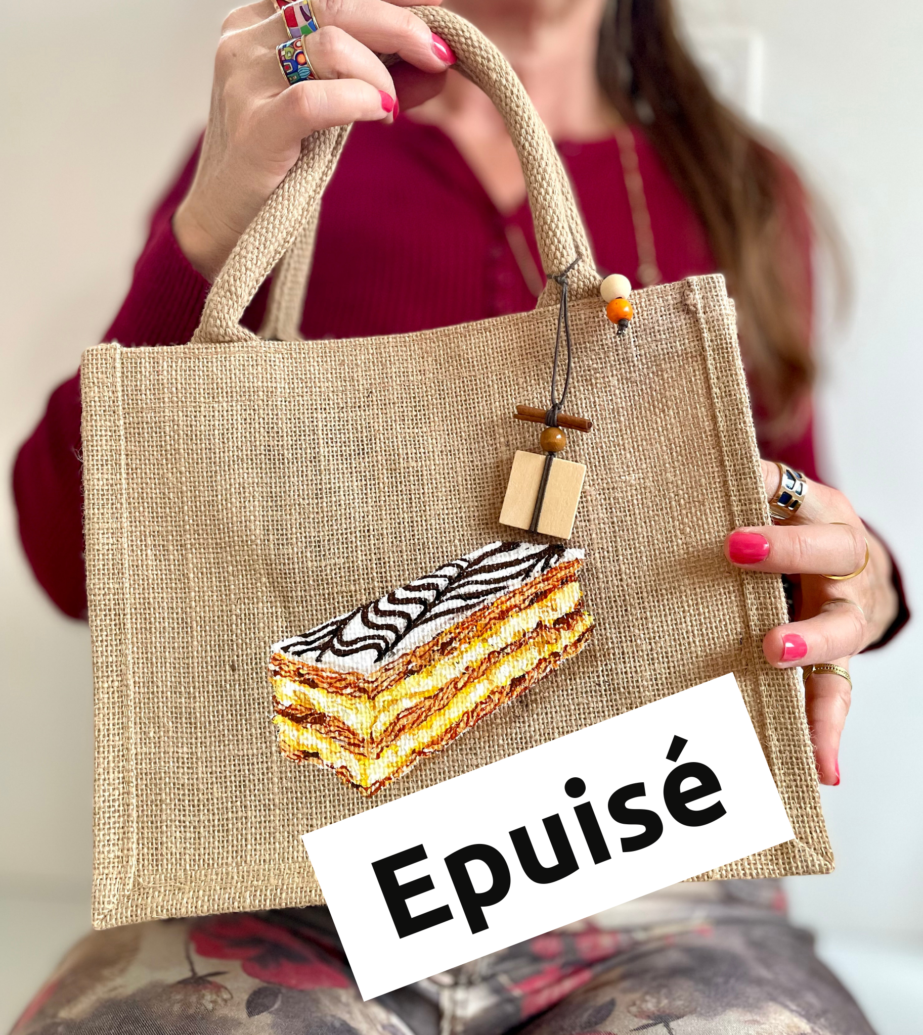sac en jute avec un millefeuille peint à la main par Elles et No.
