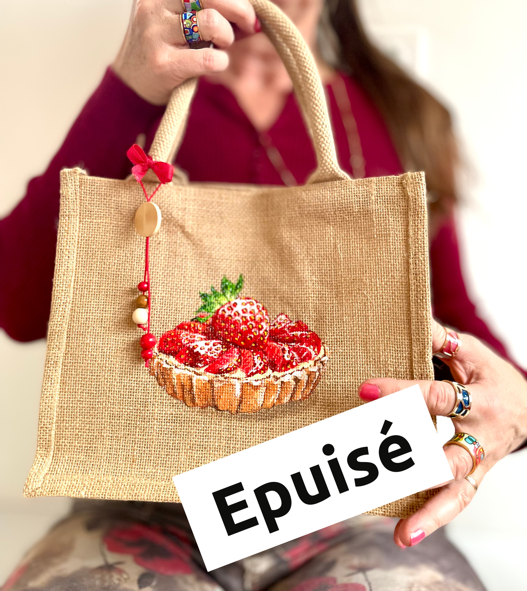 Sac en jute avec une tarte aux fraises peinte a la main par Elles et No.