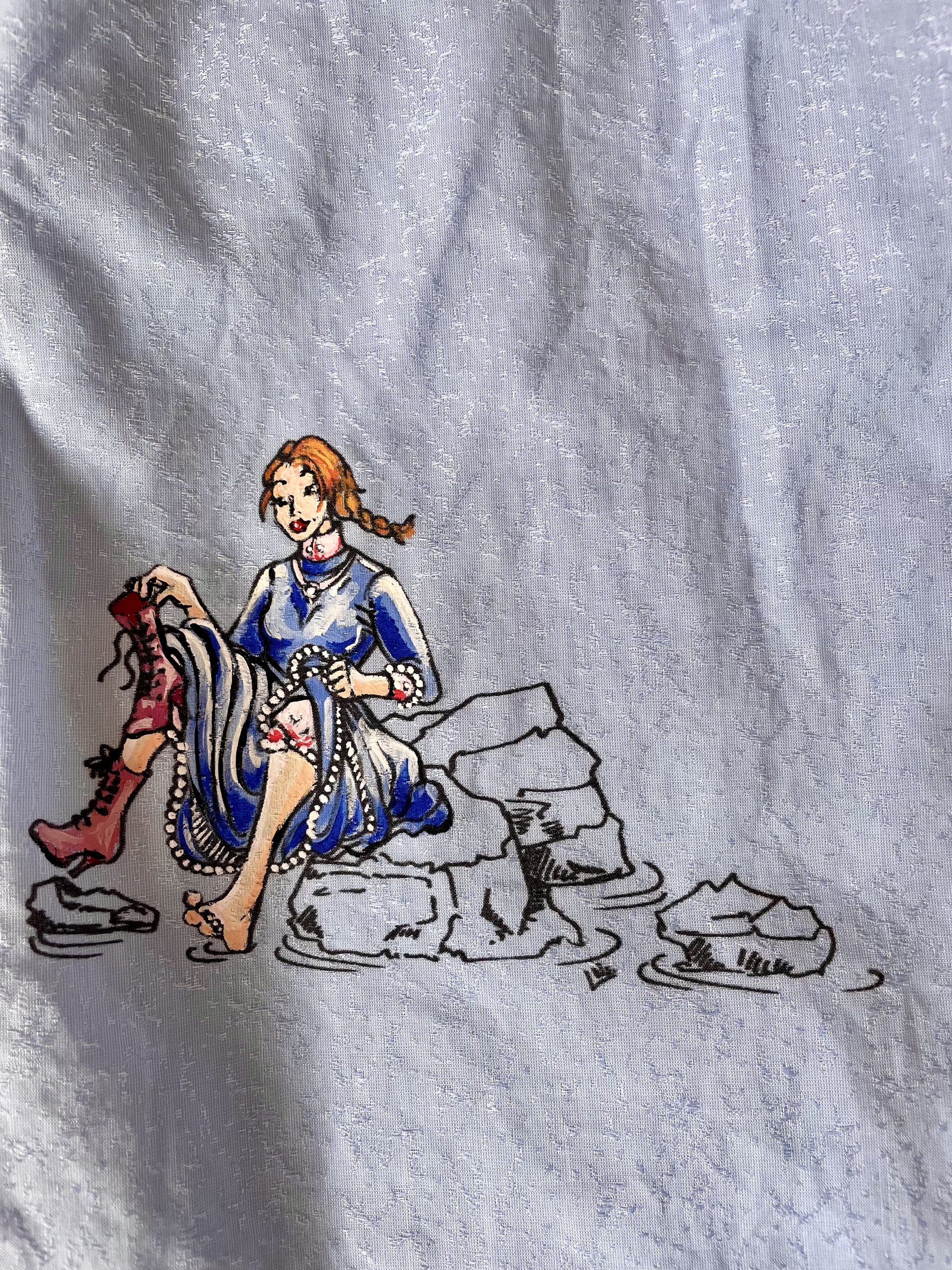chemise femme bleue col mao imprimée et colorisée à la main par Elles et No., détail