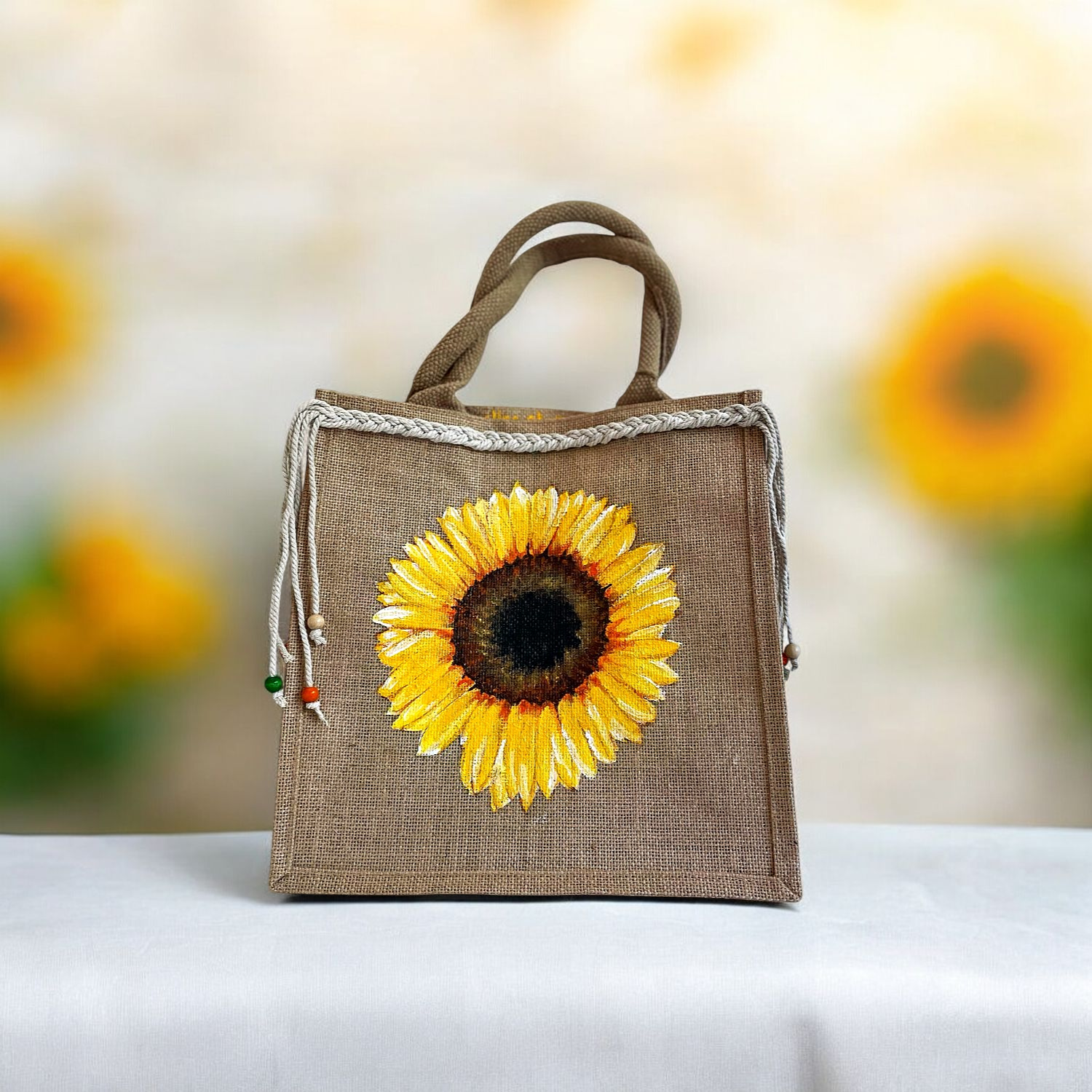 sac en jute avec un tournesol peint à la main par Elles et No. et une tresse en macramé collée sur le bord supérieur du sac.