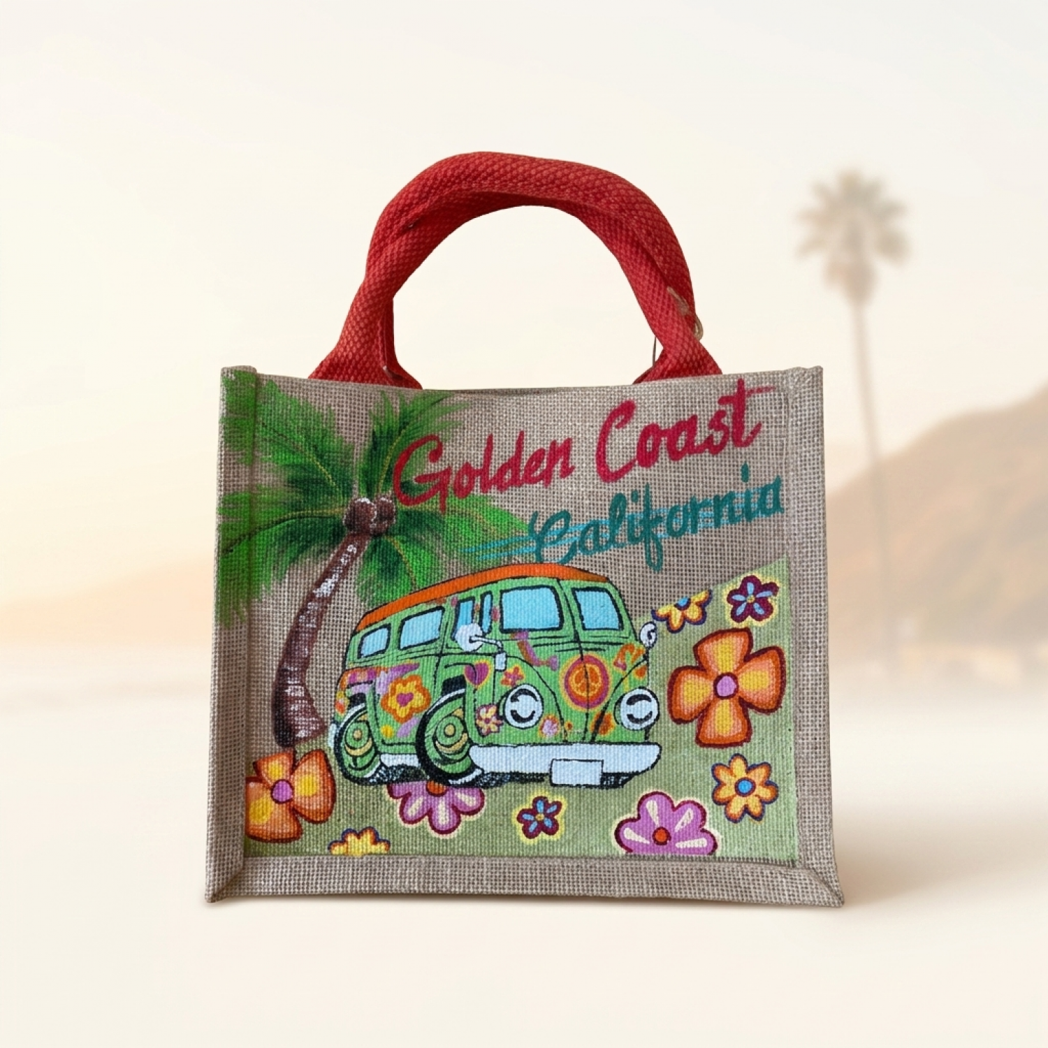 Sac en jute avec un van des fleurs et des écritures californiennes style hippie, peints là la main par Elles et No.