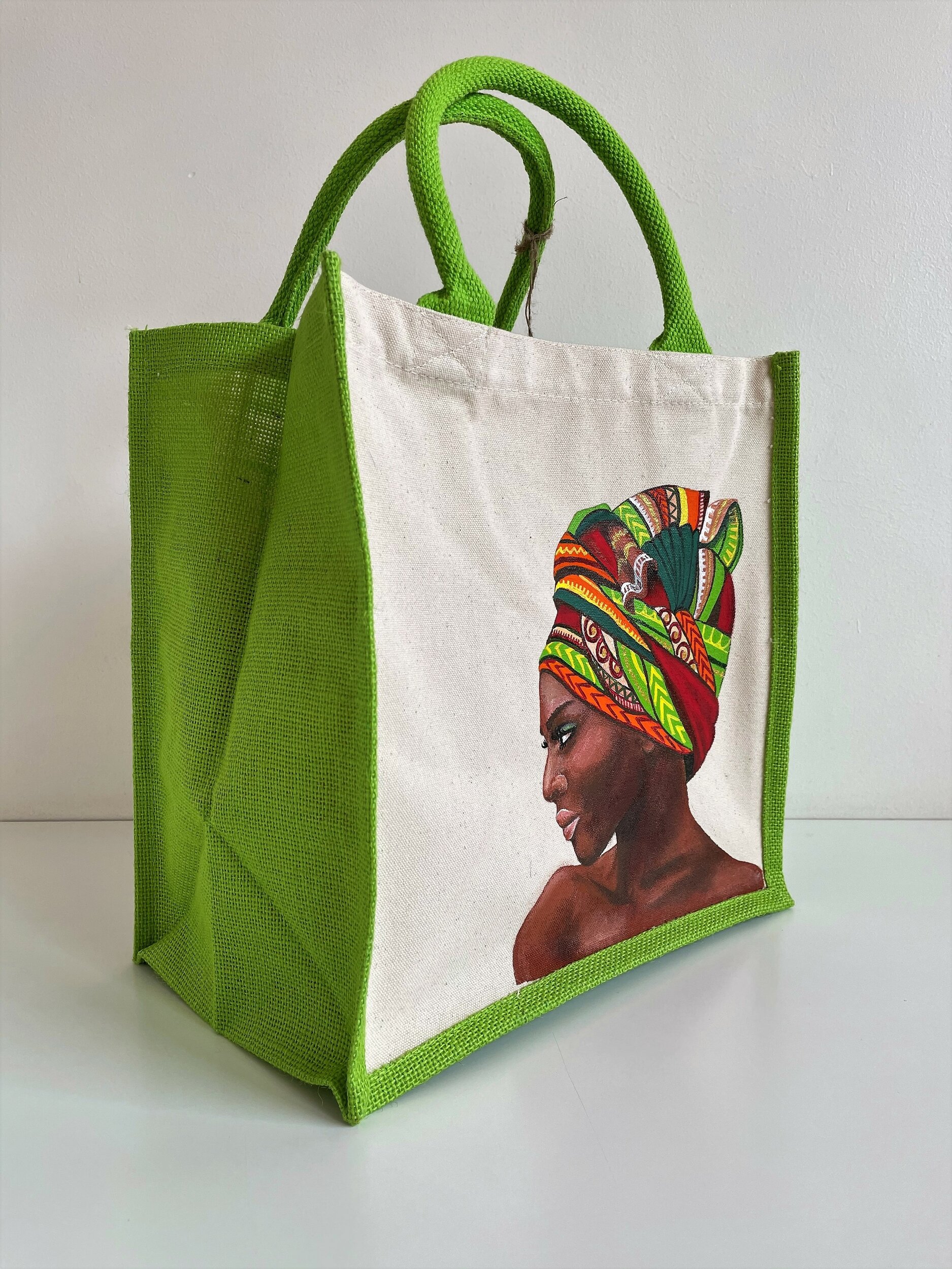 Sac jute et coton Abidjan avec un portrait dafricaine peint à la main par Elles et No.