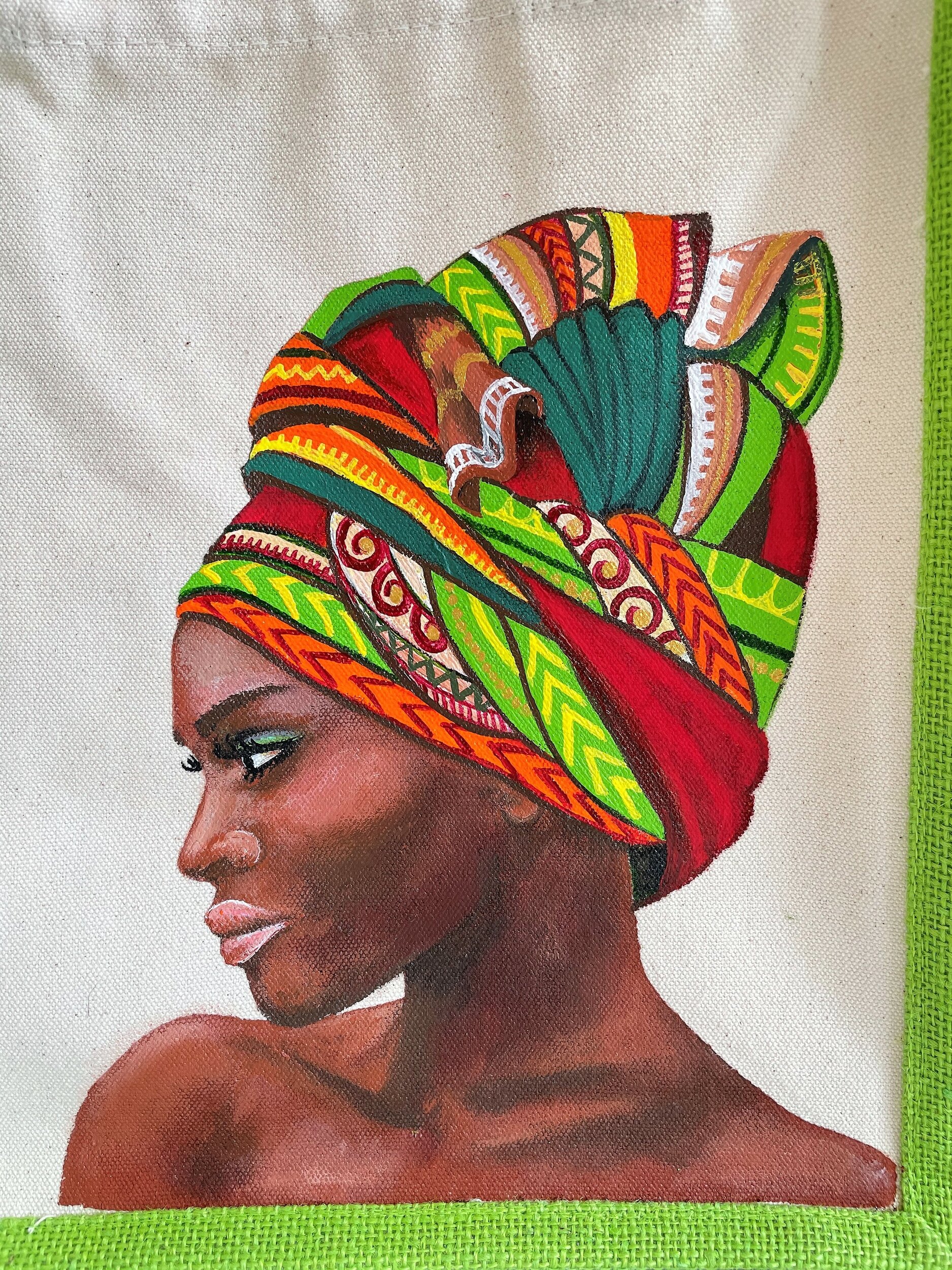 Sac jute et coton Abidjan avec un portrait dafricaine peint à la main par Elles et No.