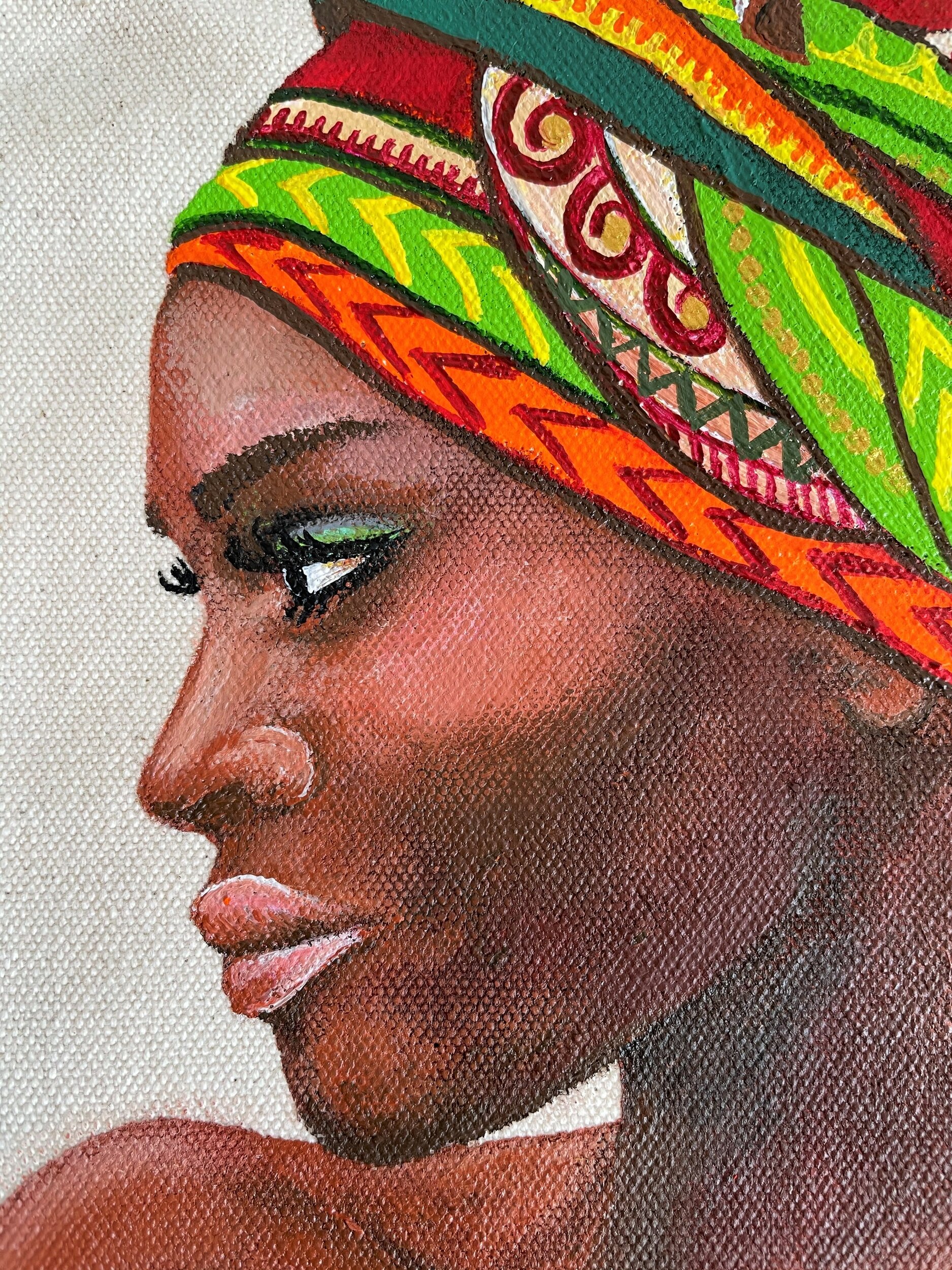 Sac jute et coton Abidjan avec un portrait dafricaine peint à la main par Elles et No.