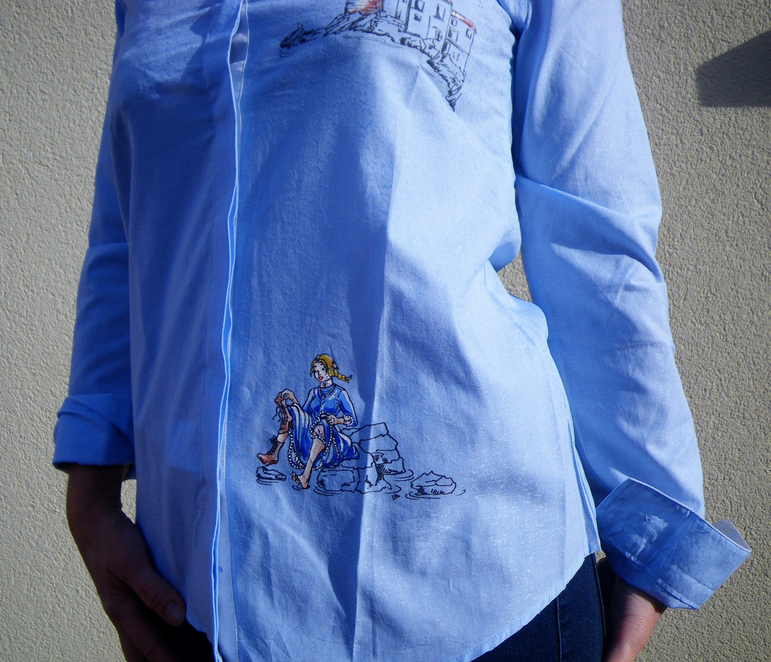 chemise femme bleue col mao imprimée