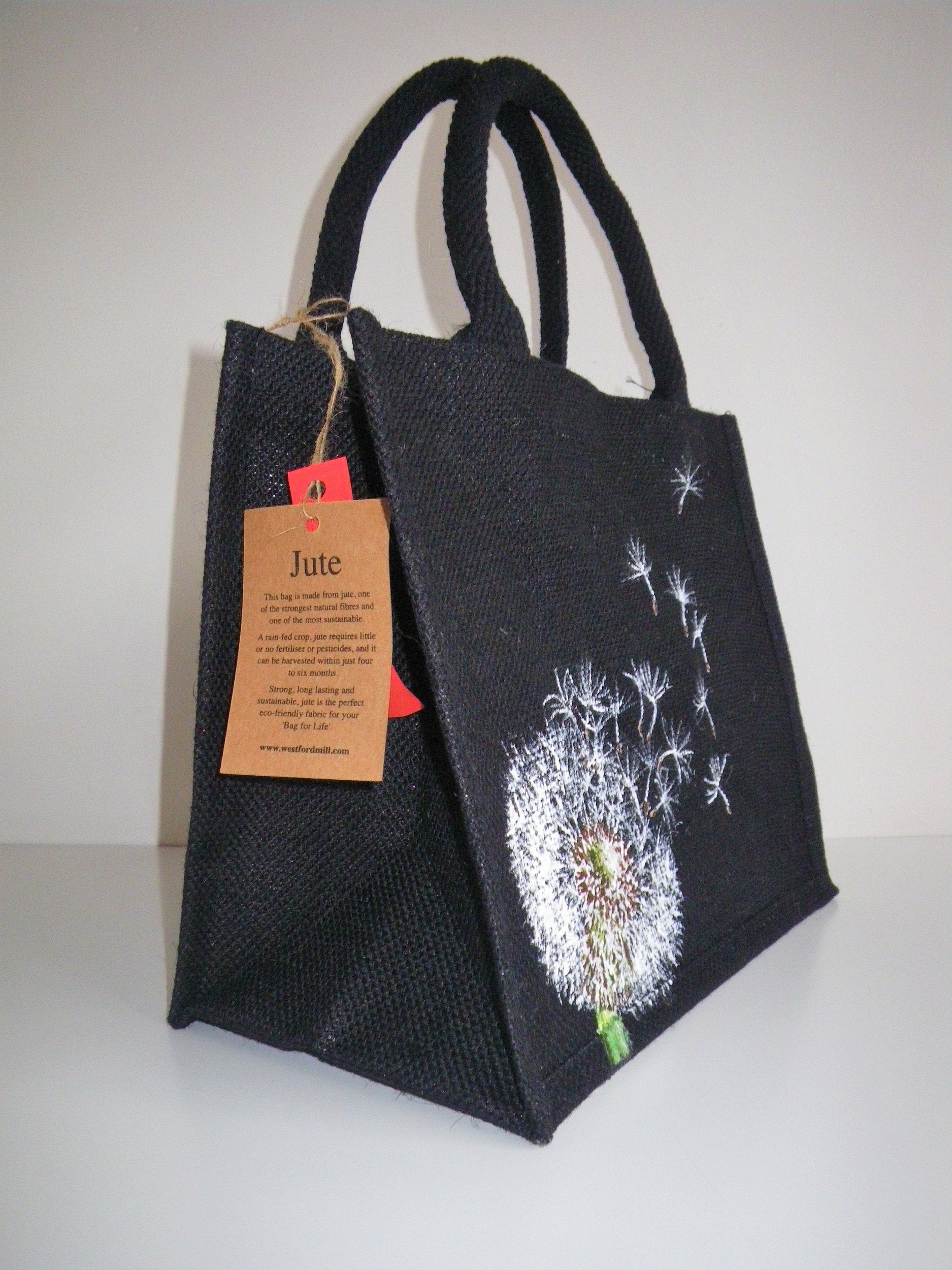 sac jute noire avec fleur de pissenlit