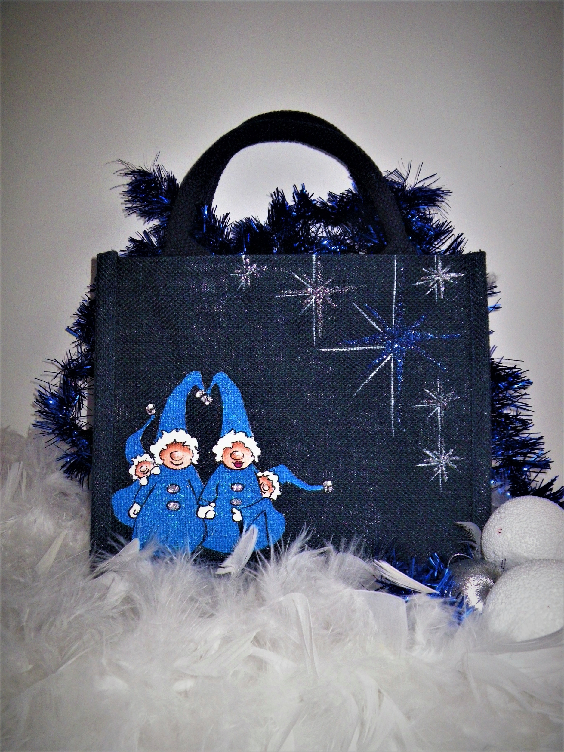 petit sac jute bleu avec lutins de Noël