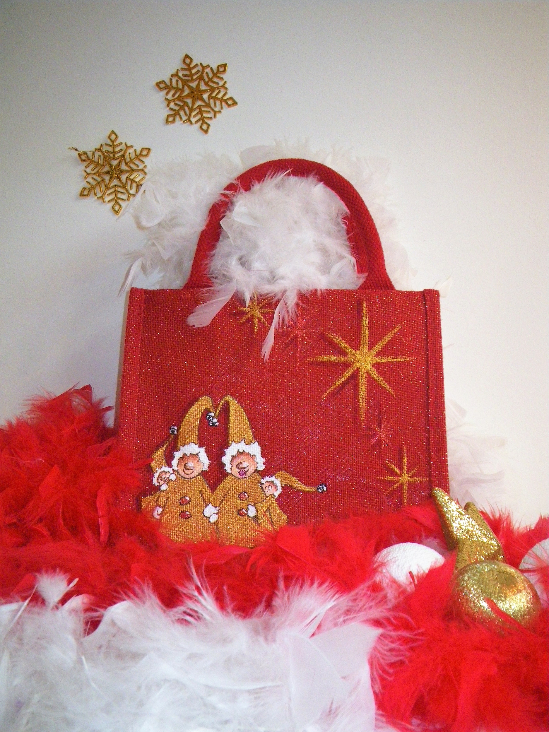 petit sac jute rouge avec lutins de Noël