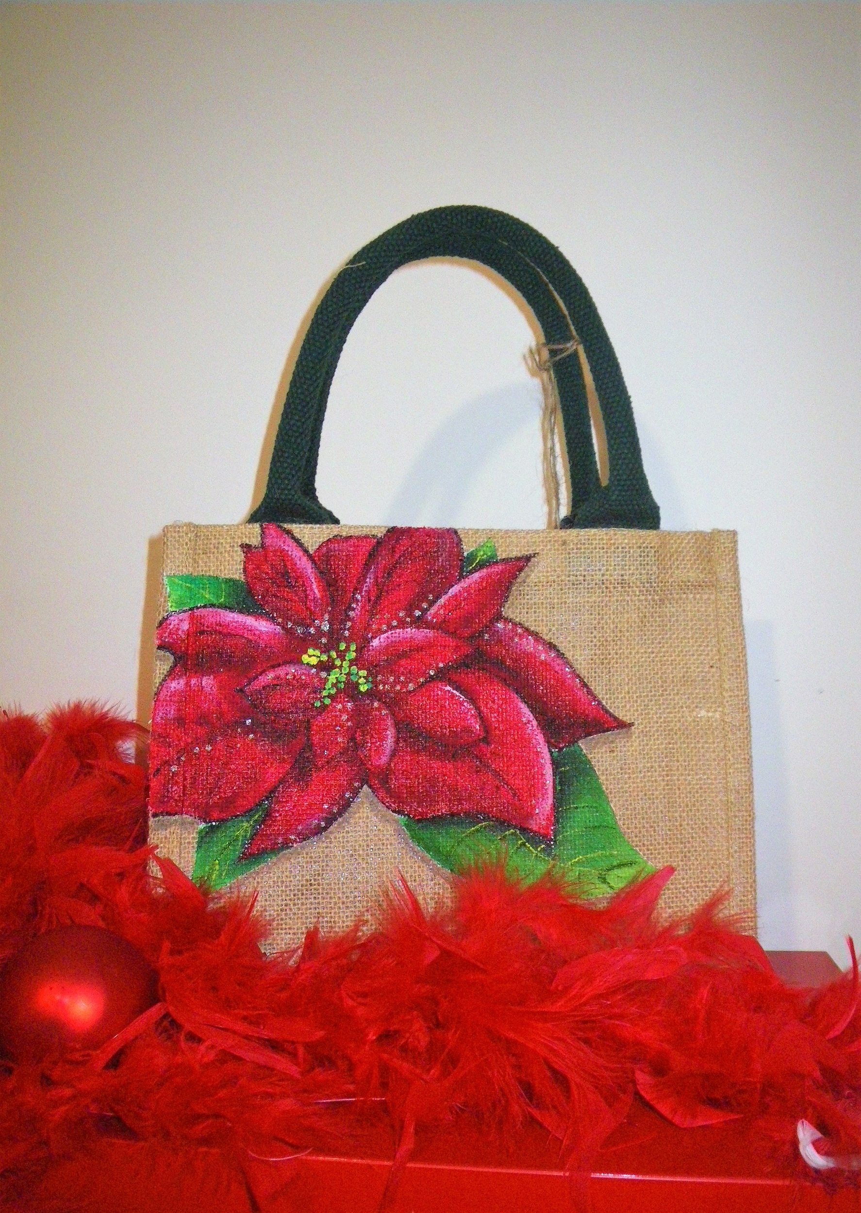 Sac jute Poinsettia de Noël peint à la main
