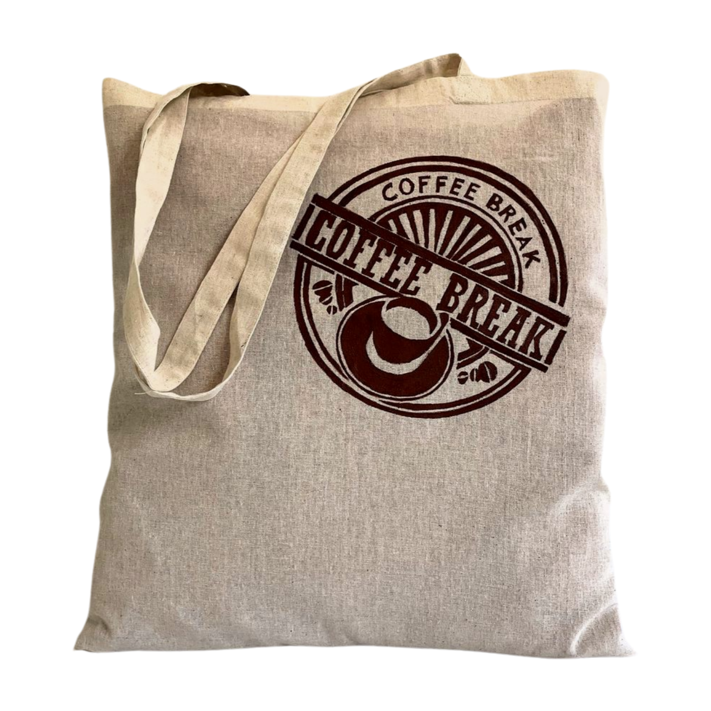 tote bag beige avec un message coffee break peint a la main par elles et no