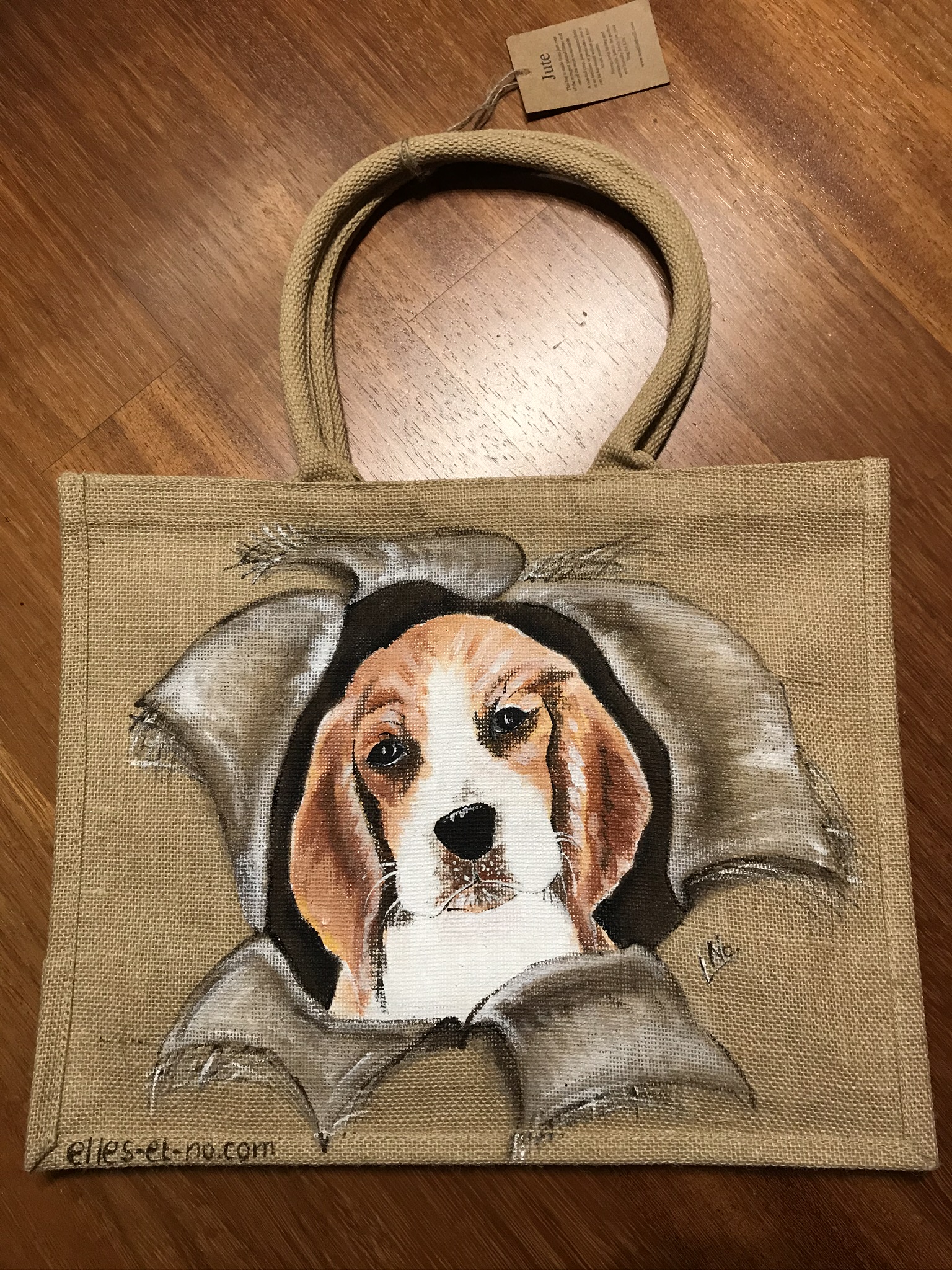 sac en jtue avec chien peint à la main 
