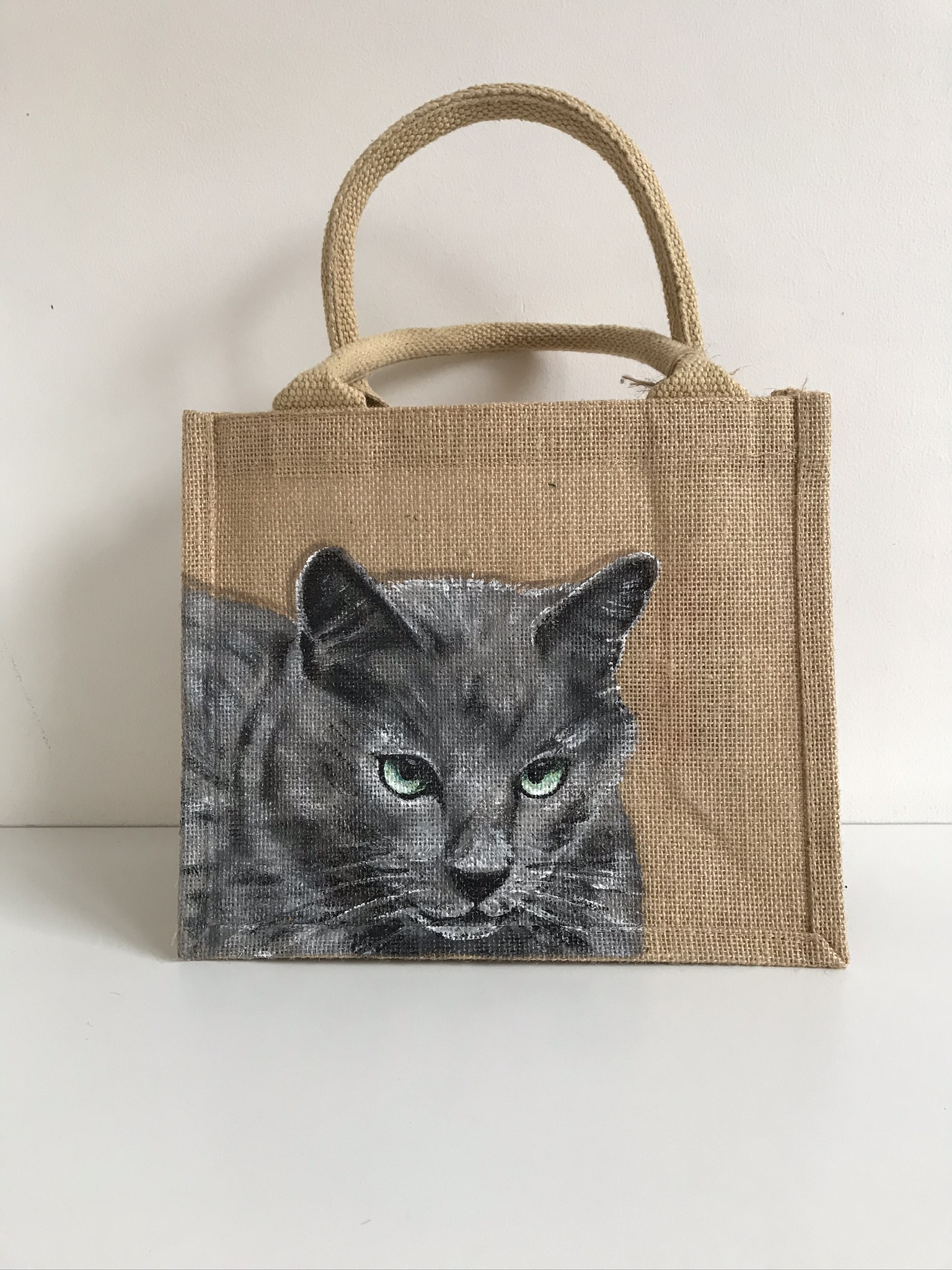sac en jute avec portrait de chat peint à la main 