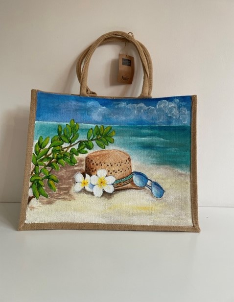 Sac en jute avec paysage de mer peint à la main 