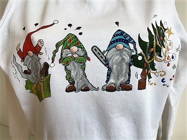 sweat shirt avec des nains de Noël boudeurs peints  à la main