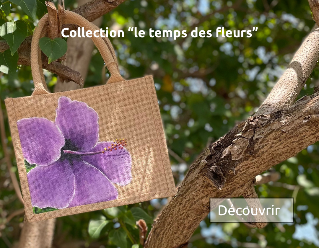 Présentation d'un sac en jute avec un hibiscus peint à la main par Elles et No., collection le temps des fleurs