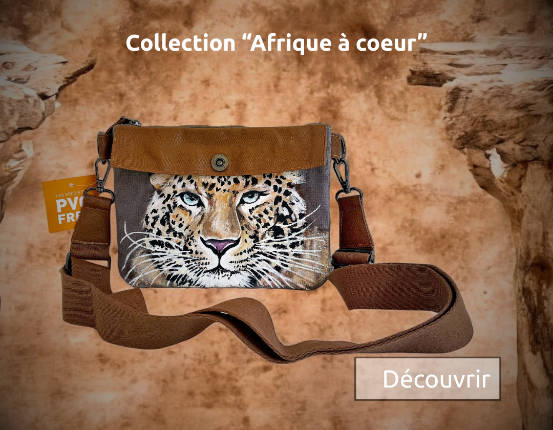 sac  à main en coton bio avec un léopard peint à la main par Elles et No., collection Afrique à coeur