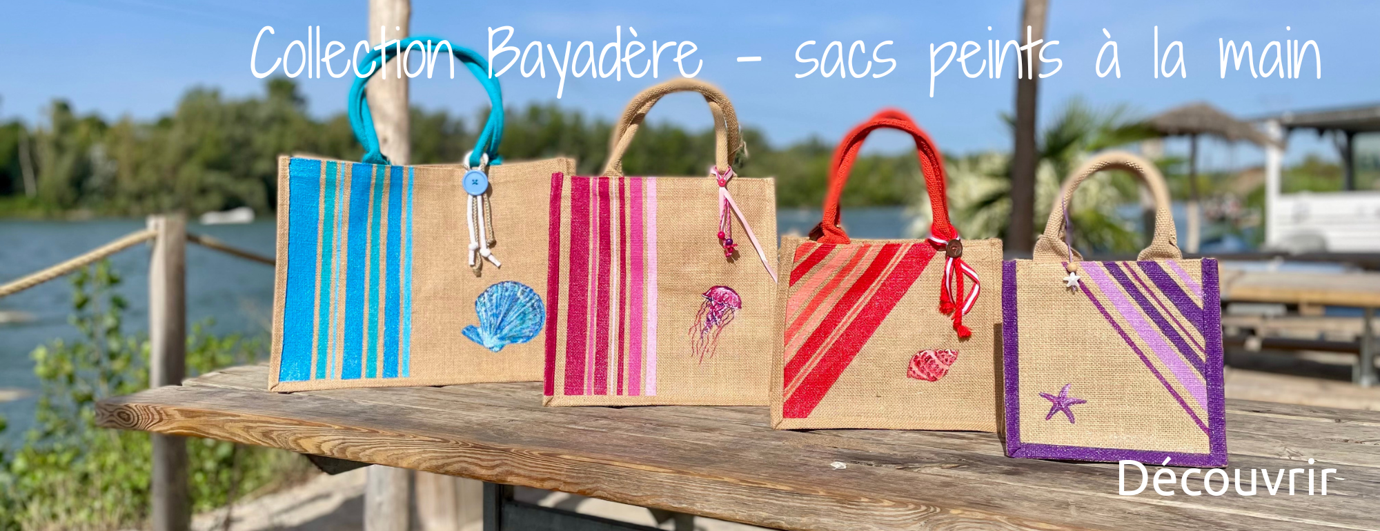 sacs en jute collection Bayadère, peints à la main par Elles et No.