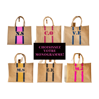 grand sac en jute à personnaliser avec un monogramme peint à la main par Elles et No.