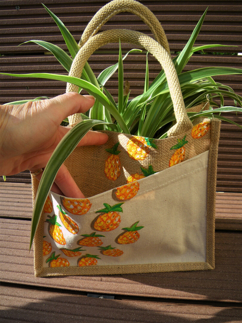 Sac Shopping En Toile Avec Ananas Pailleté - 35x42 Cm - Coton/polyester - Anses Longues 68 Cm - Unisexe - Coloris Kaki - 5
