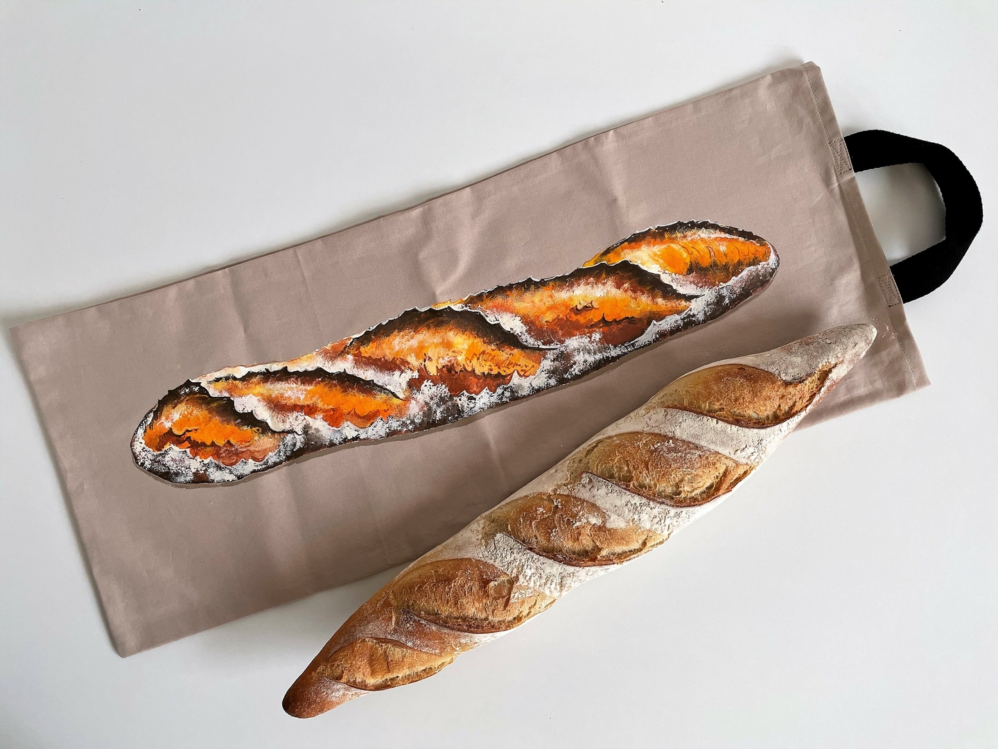 Sac à pain en coton taupe pour baguette peint main Elles et No.