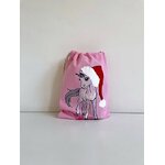 pochon rose en coton avec une licorne coiffée dun père Noël peinte à la main par Elles et No.
