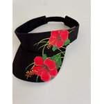 visière noire en coton avec des  hibiscus rouge  peints à la main par Elles et. No.