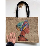 sac en jute wesfordmill avec un portrait de femme africaine et son turban peint à la main par Elles et No.