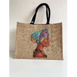 sac en jute wesfordmill avec un portrait de femme africaine et son turban peint à la main par Elles et No.