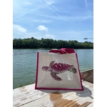 sac de plage jute et coton avec une tortue marine dans les tons roses peinte à la main par Elles et No;
