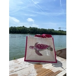 sac de plage jute et coton avec une tortue marine dans les tons roses peinte à la main par Elles et No;