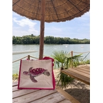 sac de plage jute et coton avec une tortue marine dans les tons roses peinte à la main par Elles et No;