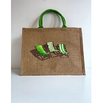 Sac de plage en jute avec des transats dans les tons verts peints à la main par Elles et No.