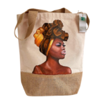 sac jute et coton avec un portrait dafricaine peint à la main par Elles et No.