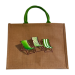 Sac de plage en jute avec des transats verts peints à la main par Elles et No.