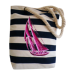 sac en coton épais rayé avec un voilier rose style Titouan Lamazou peint à la main par Elles et No.