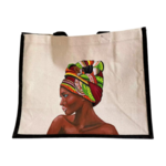 sac de plage en jute et coton avec un portrait de jeune africaine peint à la main par Elles et No.