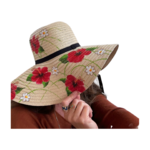 Chapeau papier tissé avec hibiscus peints à la main