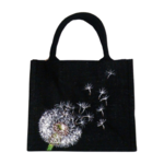 Petit sac en jute noir avec fleur de pissenlit peinte main