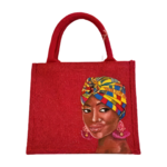 sac jute rouge pailleté avec tête d'africaine peinte à la main par Elles et No.