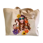 Sac coton bio avec fille hippie peinte à la main par Elles et No.
