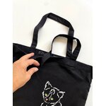 Tote bag noir avec chat peint à la main anses courtes par Elles et No.