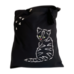 Tote bag noir avec chat peint à la main anses courtes par Elles et No.