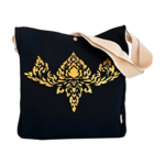 sac coton noir bio avec fleur de lotus thai peinte à la main  par Elles et No.