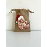 Pochon en jute avec un ourson de Noël peint main  par Elles et No.