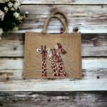 sac jute XL avec des girafes rigolotes peintes à la main par Elles et No.