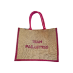 Sac en jute avec le message team paillettes peint à la main à la couleur pailletée par Elles et No.