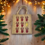 Sac medium en jute avec têtes de rennes de Noël style cartoon peintes à la main