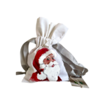 Pochette coton blanc, ruban satin gris, avec tête de père Noël peinte à la main par Elles et No.