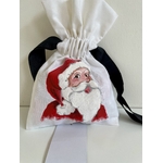 Pochette coton blanc, ruban satin noir, avec tête de père Noël peinte à la main par Elles et No.