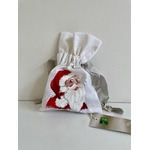 Pochette coton blanc, ruban satin gris, avec tête de père Noël peinte à la main par Elles et No.